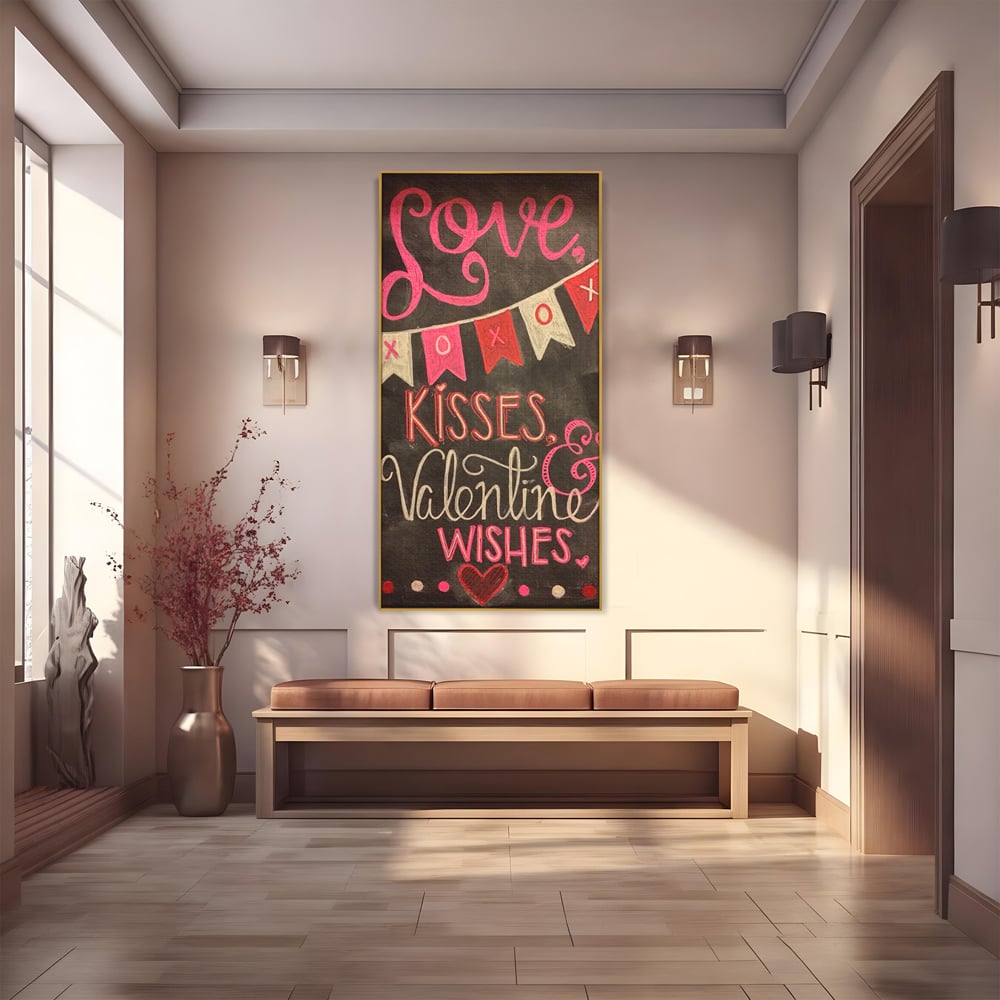 Tablou canvas cu tablou canvas cu mesaj de dragoste scris cu creta, in rama de aluminiu auriu